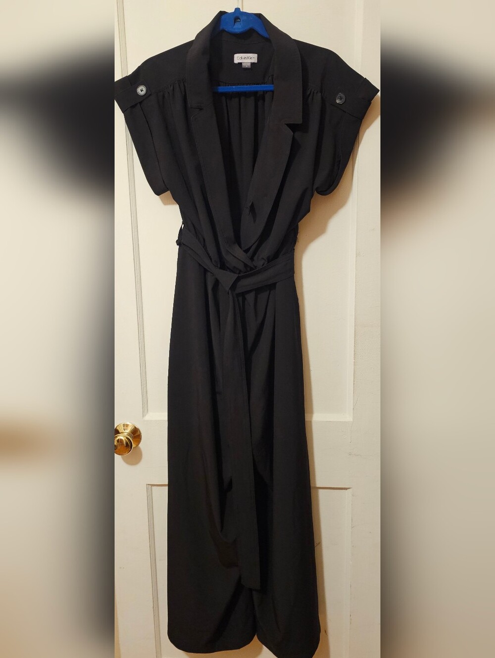 Calvin Klein Black Jumpsuit with Belted Waist and Cap Sleeves